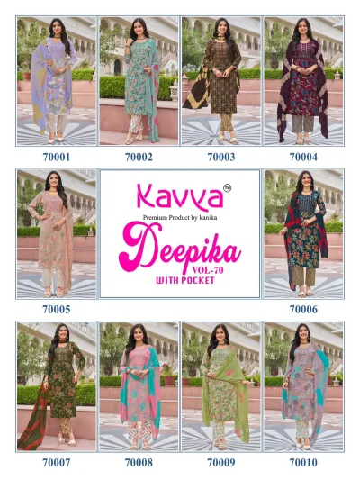 Kavya Deepika Vol 70 catalog collage featuring ten different designs of printed salwar suits with thread work embroidery and accompanying dupattas.