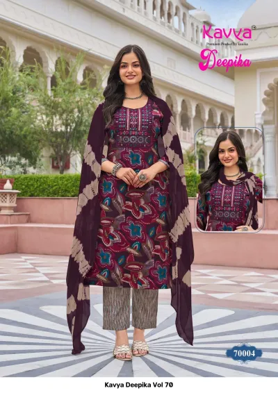 Kavya Deepika Vol 70 maroon floral printed salwar suit with thread work embroidery on the bodice, striped pants, and tie-dye style dupatta.