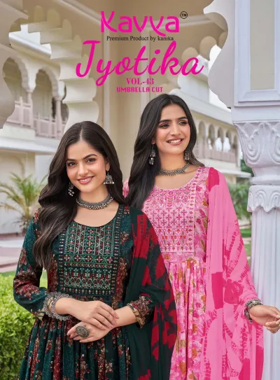Kavya Jyotika Vol 43: Model wearing a pink and a green floral umbrella cut salwar suit with thread work detail and tie-dye dupattas.