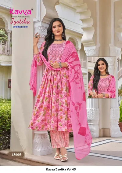 Kavya Jyotika Vol 43: Pink umbrella cut salwar suit with floral print, thread work on the yoke, and a matching tie-dye dupatta.