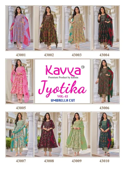 Kavya Jyotika Vol 43: Catalog cover page showcasing a collage of various umbrella cut salwar suit designs from the Vol 43 collection.