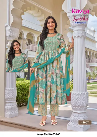 Kavya Jyotika Vol 43: Light green umbrella cut salwar suit with abstract print, thread work, and a matching dupatta and printed pants.