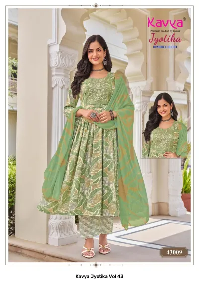 Kavya Jyotika Vol 43: Light green umbrella cut salwar suit with leaf-pattern print, thread work on the yoke, and a matching green dupatta.