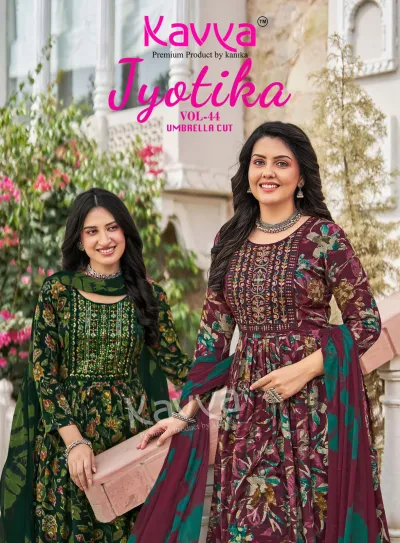 Kavya Jyotika Vol 44 catalog cover featuring two women in floral printed umbrella cut salwar suits with thread work embroidery on the bodice.
