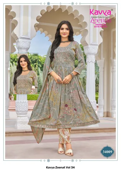 Kavya Zeenat Vol 34, grey and floral printed salwar suit with thread work embellishment and dupatta.
