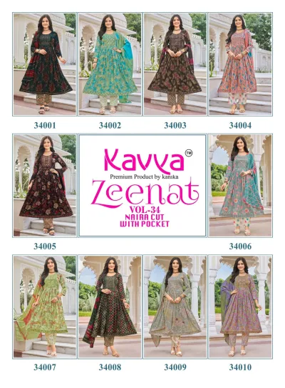 Kavya Zeenat Vol 34, catalog collage page featuring ten different floral printed salwar suit designs from the collection.