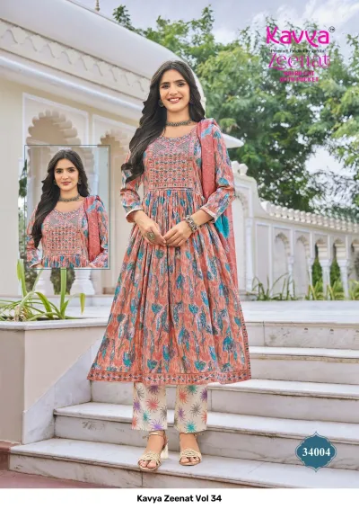 Kavya Zeenat Vol 34, peach and blue floral printed salwar suit with thread work embroidery and dupatta.