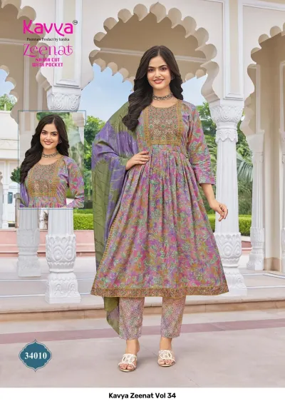 Kavya Zeenat Vol 34, purple and green floral printed salwar suit with intricate thread work embroidery and matching dupatta.