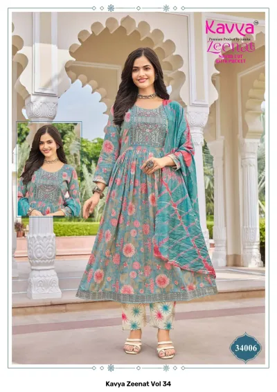 Kavya Zeenat Vol 34, teal blue floral printed salwar suit with embroidered yoke and coordinating dupatta.