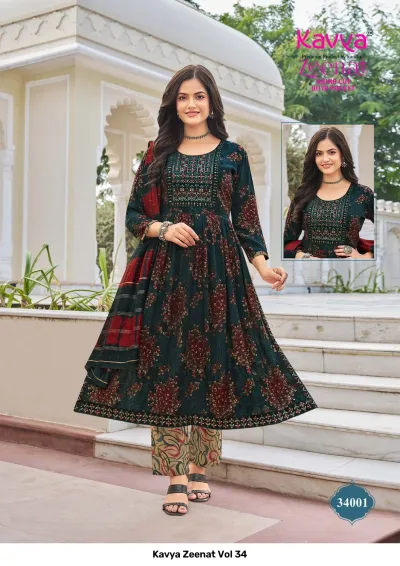 Kavya Zeenat Vol 34, dark forest green floral printed salwar suit with detailed thread work embroidery and dupatta.