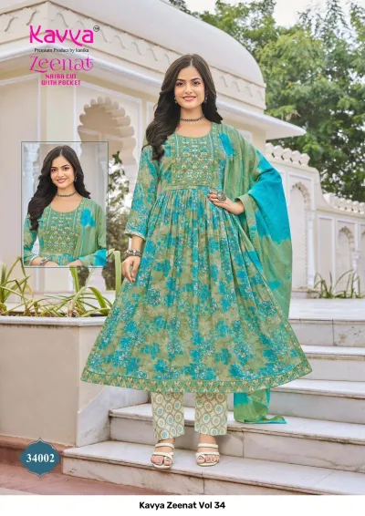 Kavya Zeenat Vol 34, teal and green floral printed salwar suit with thread work embroidery on the neckline.