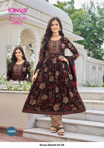 Kavya Zeenat Vol 34, dark brown floral printed salwar suit with detailed thread work on the yoke.