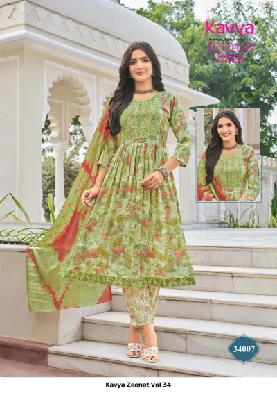 Kavya Zeenat Vol 34, light green and peach floral printed salwar suit with thread work embroidery and dupatta.