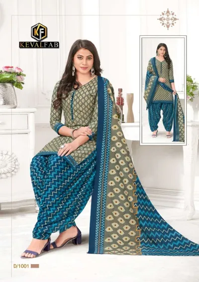 Keval Alija Patiyala: Olive and blue printed salwar suit with zigzag patterned patiyala pants and a coordinating printed dupatta.