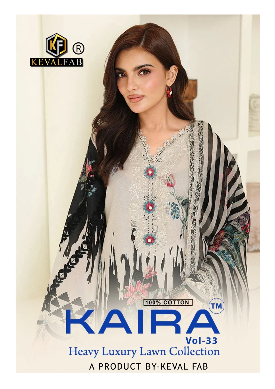 Keval Kaira Vol 33: A catalog cover image featuring a model in a luxury lawn collection printed cotton suit.