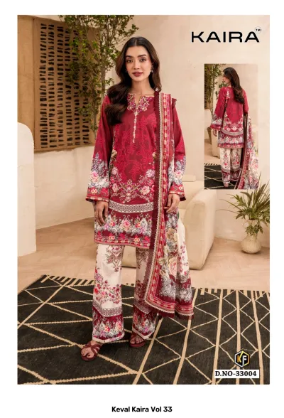 Keval Kaira Vol 33: Deep red floral printed cotton salwar suit with detailed patterns on the kurti and loose trousers.