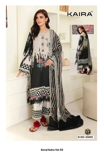 Keval Kaira Vol 33: Black and white monochrome printed cotton salwar suit with vertical stripes and floral accents.