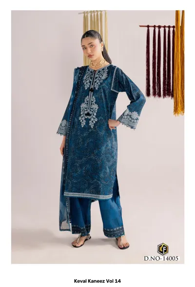 Keval Kaneez Vol 14 dark blue salwar suit with intricate white thread work embroidery, printed design, long kurti, and palazzo pants.