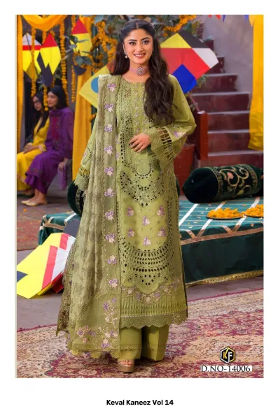 Keval Kaneez Vol 14 olive green salwar suit, heavy cutwork and thread embroidery, long kurti, matching palazzo pants, and printed dupatta.