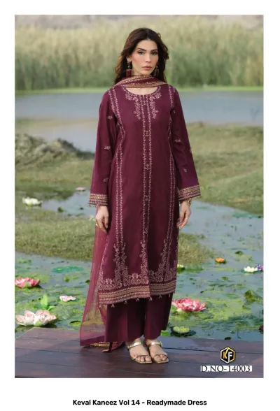 Keval Kaneez Vol 14 - Readymade Dress. Model in a deep maroon cotton kurti with subtle vertical thread work embroidery and a matching plain dupatta.