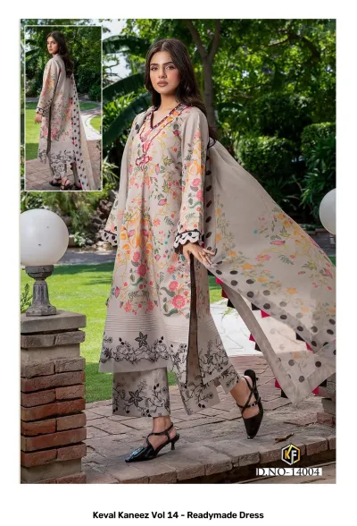 Keval Kaneez Vol 14 - Readymade Dress. Model in a beige floral kurti with a wide printed hem and a polka dot dupatta.