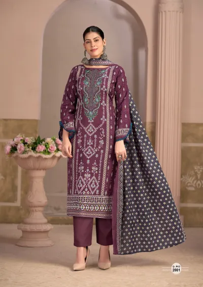 Keval Muzlin Vol 2: Purple salwar suit with printed patterns, thread work embroidery on the kurti, plain pants, and a patterned dupatta.