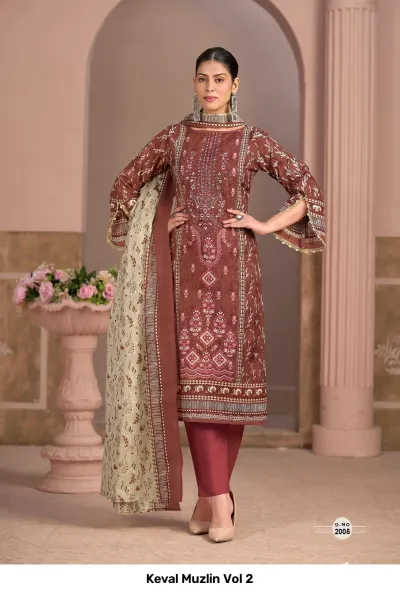 Keval Muzlin Vol 2: Brown salwar suit featuring printed floral-like motifs, intricate thread work embroidery, plain pants, and a light-colored printed dupatta.