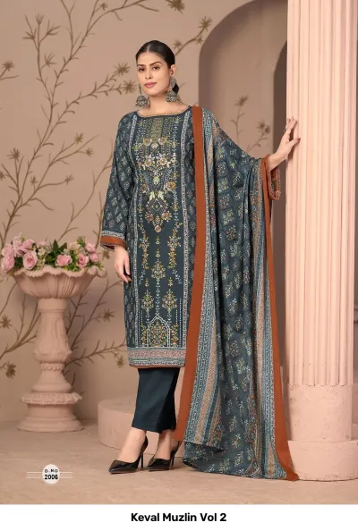 Keval Muzlin Vol 2: Teal blue salwar suit with multi-colored printed patterns, thread work embroidery, plain pants, and a border-accented printed dupatta.