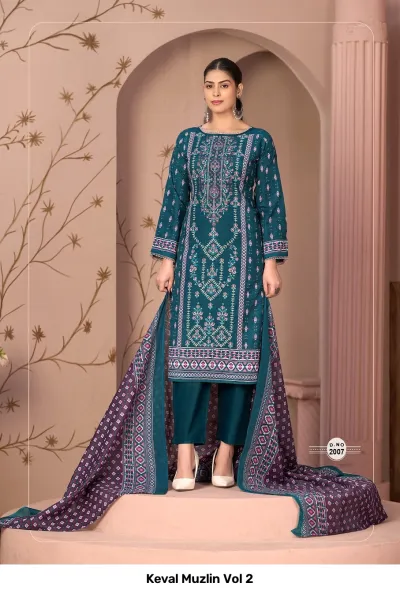 Keval Muzlin Vol 2: Teal green salwar suit with geometric printed designs, thread work embroidery, matching plain pants, and a patterned dupatta.