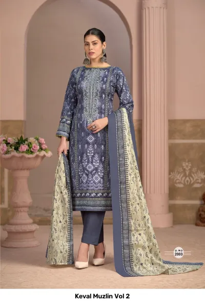Keval Muzlin Vol 2: Grey-blue salwar suit featuring intricate thread work embroidery, printed patterns, plain trousers, and a light-toned printed dupatta.