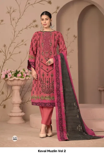 Keval Muzlin Vol 2: Pink salwar suit with dark printed patterns, thread work embroidery detailing, matching plain pants, and a dark-bordered printed dupatta.