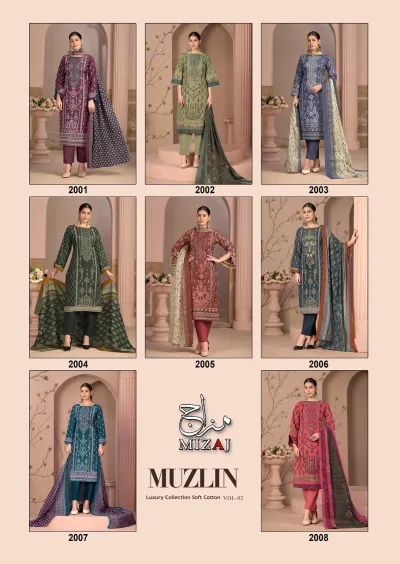 Keval Muzlin Vol 2: Catalog cover collage displaying eight different salwar suit designs featuring varied colors, printed patterns, and embroidery work.