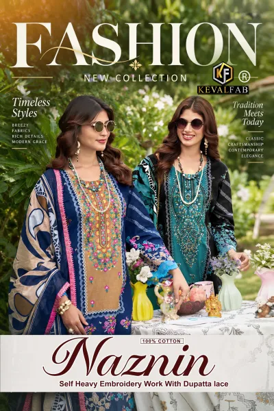 Keval Naznin catalog cover featuring two models in embroidered, printed cotton salwar suits with dupattas in outdoor garden setting.