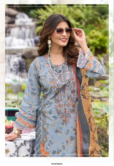 Keval Naznin D.NO-1006, close-up view of a greyish-blue printed cotton salwar suit with detailed embroidery and scalloped sleeve edges.