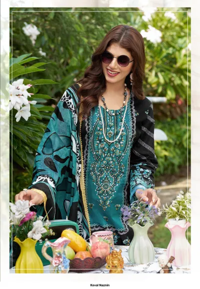 Keval Naznin D.NO-1003, black and teal printed cotton salwar suit with heavy embroidery on the yoke and floral printed dupatta.