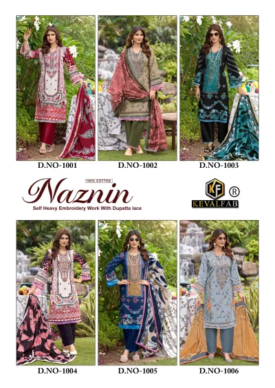 Keval Naznin catalog collage displaying six different printed cotton salwar suit designs with embroidery work and matching dupattas.