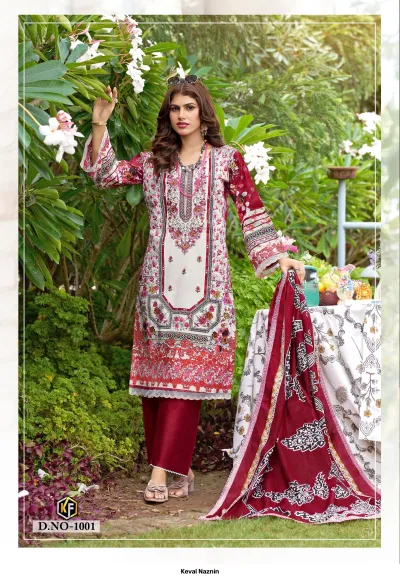 Keval Naznin D.NO-1001, burgundy and white printed cotton salwar suit with thread embroidery, plain pants, and matching printed dupatta.