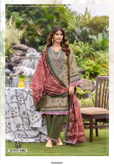 Keval Naznin D.NO-1002, olive green floral printed cotton salwar suit with thread embroidery and a dusty pink dupatta.