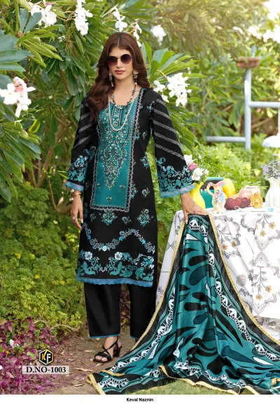Keval Naznin D.NO-1003, black and teal printed cotton salwar suit featuring heavy thread embroidery and matching printed dupatta.
