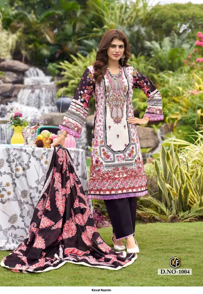 Keval Naznin D.NO-1004, white and burgundy floral printed cotton salwar suit with detailed thread embroidery and plain black pants.