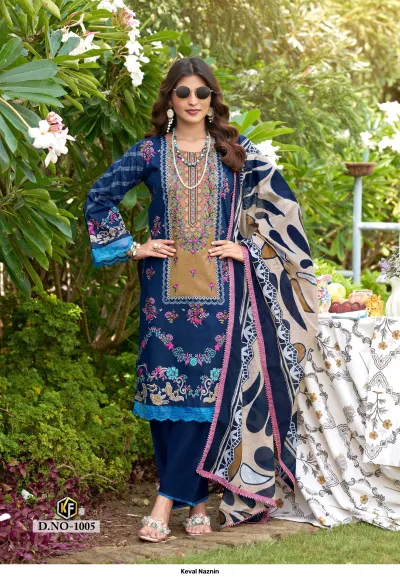 Keval Naznin D.NO-1005, dark blue and tan printed cotton salwar suit with floral motifs, embroidery work, and matching printed dupatta.