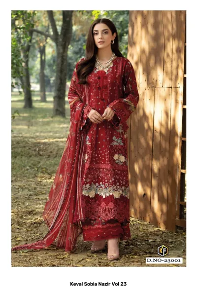 Keval Sobia Nazir Vol 23: A woman in a red printed salwar suit with intricate embroidery and a coordinating dupatta.