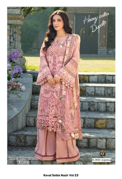 Keval Sobia Nazir Vol 23: A woman in a pink embroidered salwar suit with wide-leg bottoms and a matching dupatta.