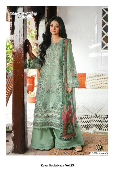 Keval Sobia Nazir Vol 23: A woman in a light green embroidered salwar suit featuring floral prints and a matching dupatta.
