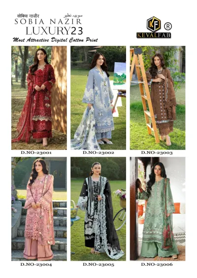 Keval Sobia Nazir Vol 23: Catalog collage showing various designs of embroidered and printed salwar suits from the collection.