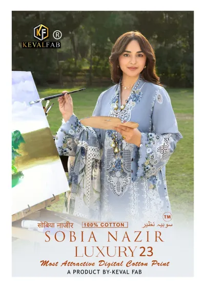 Keval Sobia Nazir Vol 23 - Readymade Dress: Catalog cover featuring a woman in a light blue embroidered dress with floral print and white detailing.