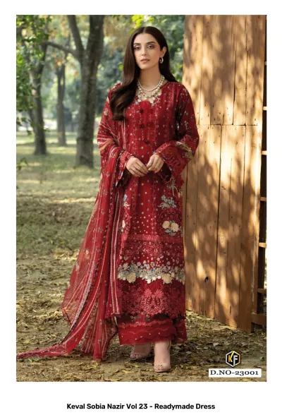Keval Sobia Nazir Vol 23 - Readymade Dress: A woman wearing a red salwar suit with floral prints, intricate thread work, and a matching dupatta.