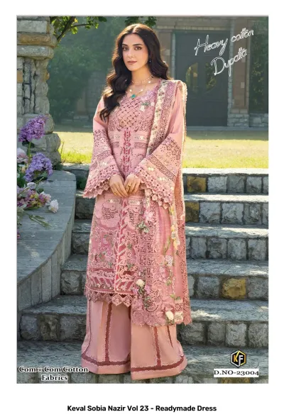 Keval Sobia Nazir Vol 23 - Readymade Dress: A pink salwar suit with heavy thread work, lace embellishments, and a coordinating dupatta.
