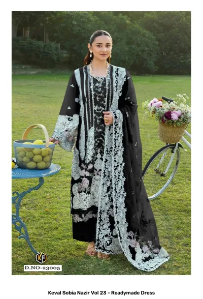 Keval Sobia Nazir Vol 23 - Readymade Dress: A black salwar suit featuring white floral embroidery and a matching dupatta.