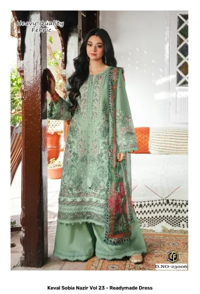 Keval Sobia Nazir Vol 23 - Readymade Dress: A green salwar suit with intricate thread work embroidery and a floral printed dupatta.